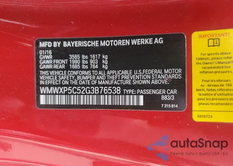 2016 Mini Cooper z USA, uszkodzony, nr VIN WMWXP5C52G3B76538